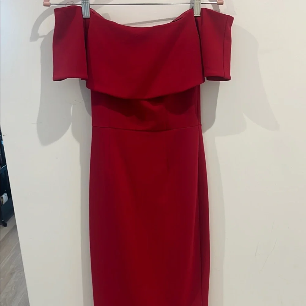 Red Ruffled Off-Shoulder Cocktail Dress - Picture 1 of 6